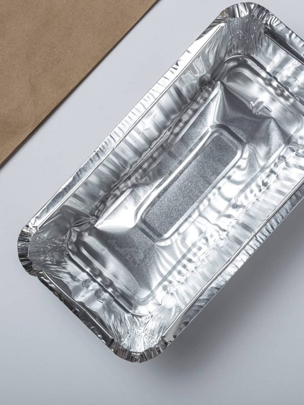 Empty aluminum take away food containers. Recycling concept
